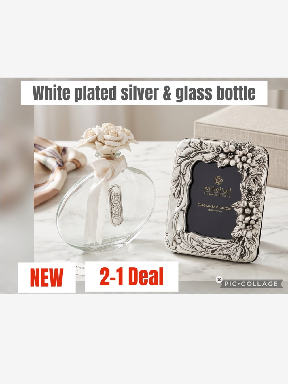 2-1 Plated Silver Floral Picture Frame & Glass Bottle - Cream Flowery Ribbon